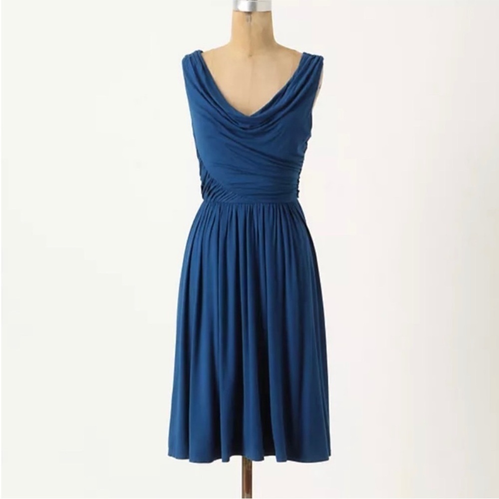 Anthropologie Deletta Pezza Dress Teal Blue Ruched Jersey Cowl Neck Size Small S
